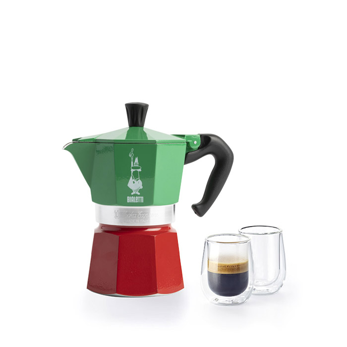 意大利三色旗摩卡壺+雙層玻璃杯